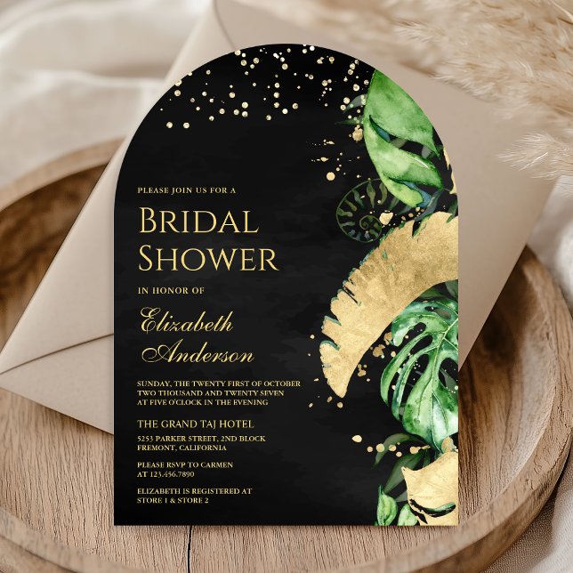 Tropical Gold Palm Arch Black Bridal Shower Invitation (Creator Uploaded)