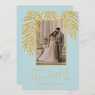 Tropical Gold Palm Blue Christmas Photo Holiday Card