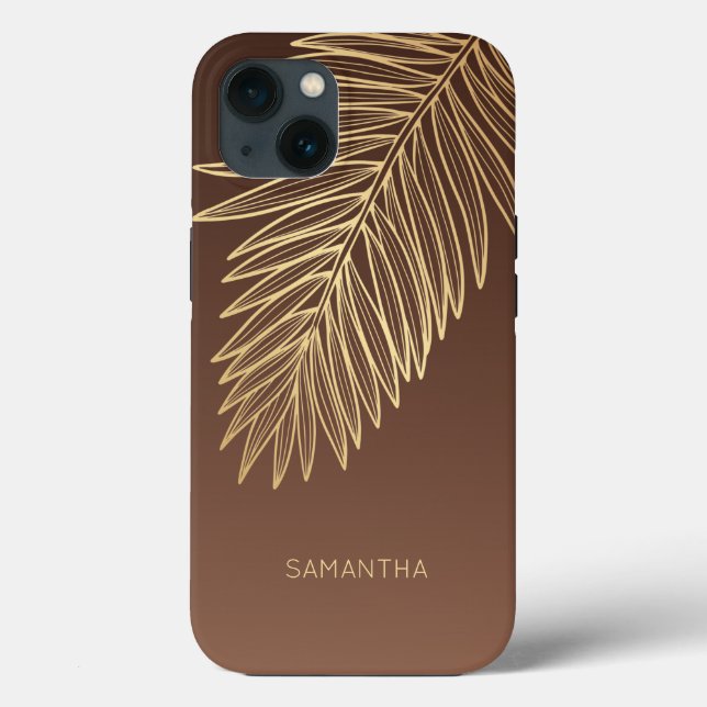 Tropical Gold Palm Leaf, Your Name, Brown Case-Mate iPhone Case (Back)