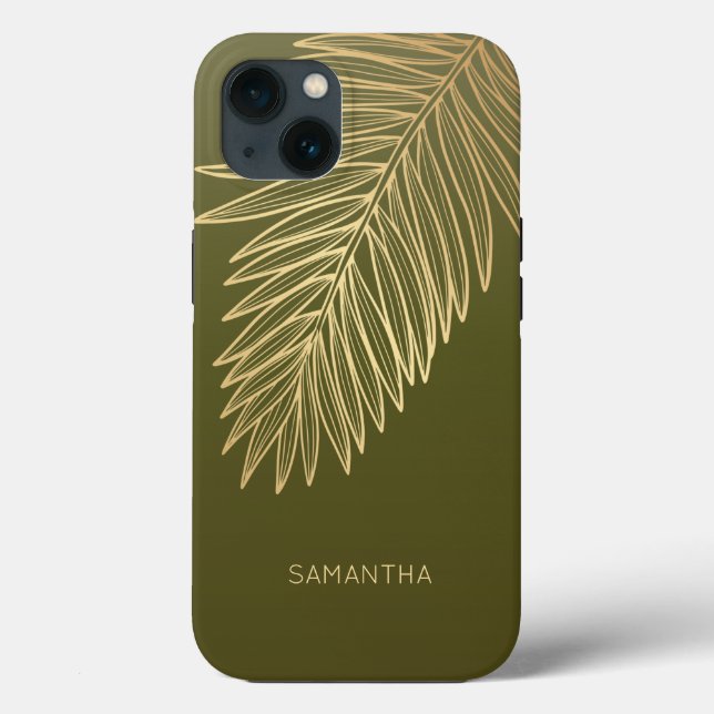 Tropical Gold Palm Leaf, Your Name, Olive Green Case-Mate iPhone Case (Back)