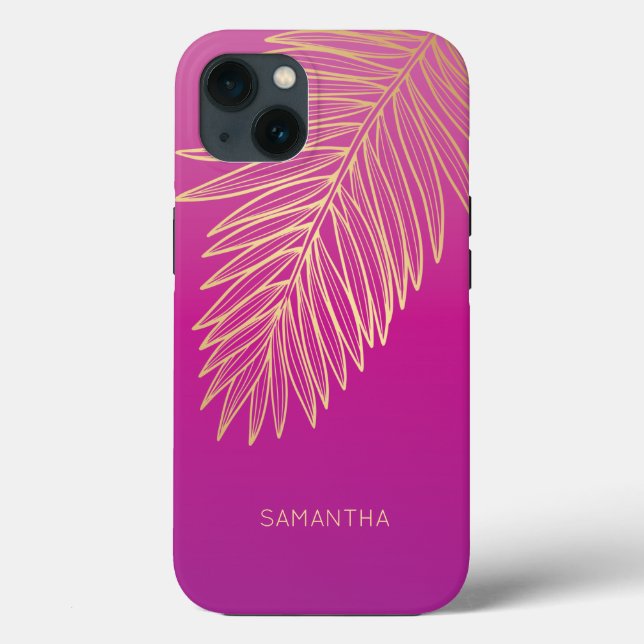 Tropical Gold Palm Leaf, Your Name, Pink Magenta Case-Mate iPhone Case (Back)