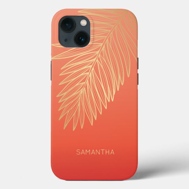 Tropical Gold Palm Leaf, Your Name, Red Case-Mate iPhone Case (Back)
