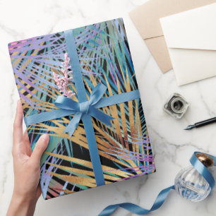 Tropical Gold Palm Leaves Colourful Black Design Wrapping Paper