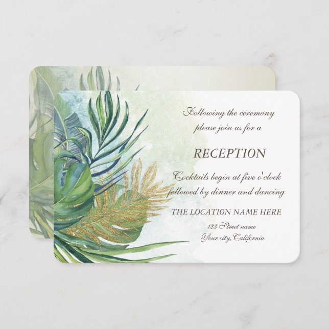 Tropical Gold Palm Leaves Summer Reception Invitation (Front/Back)