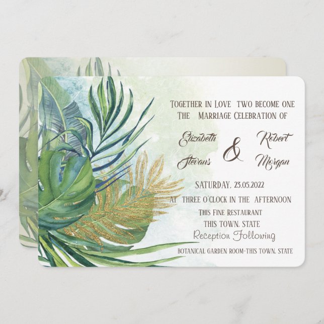 Tropical Gold Palm Leaves Summer Wedding I Invitation (Front/Back)
