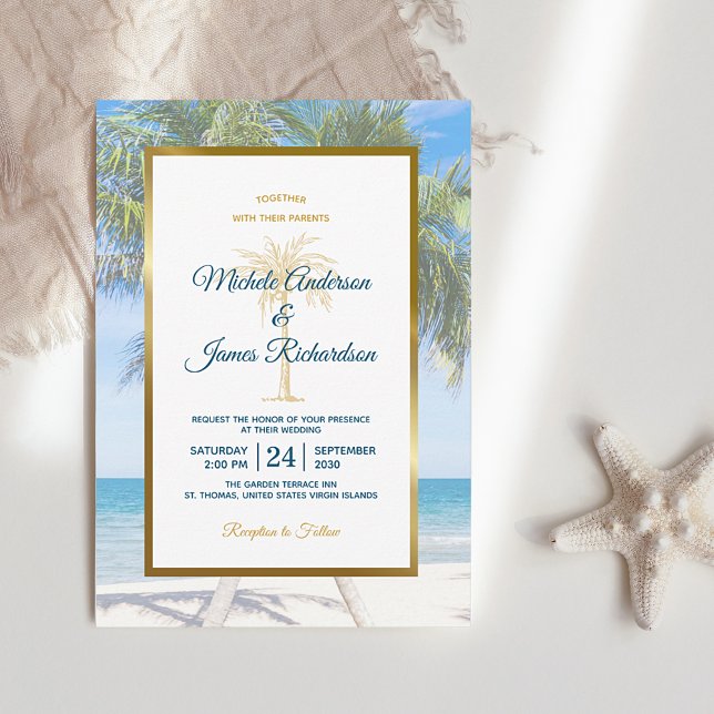 Tropical Gold Palm Tree Beach Photo Wedding Invitation (Creator Uploaded)