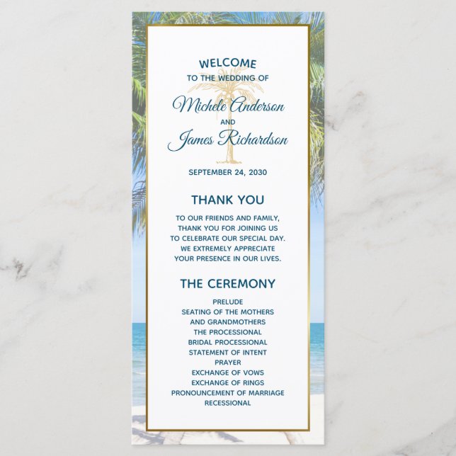 Tropical Gold Palm Tree Beach Photo Wedding Programme (Front)
