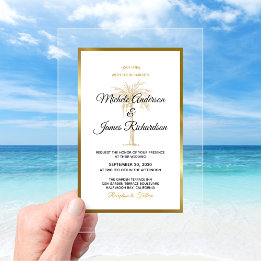 Tropical Gold Palm Tree Elegant Beach Wedding Acrylic Invitations