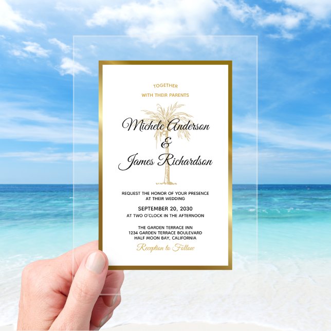 Tropical Gold Palm Tree Elegant Beach Wedding Acrylic Invitations (Tropical Gold Palm Tree Elegant Beach Wedding Acrylic Invitations)