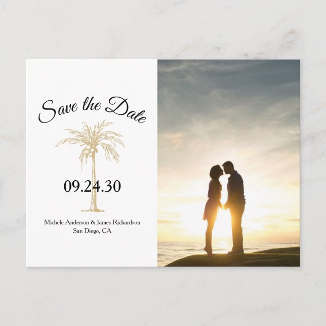 Tropical Gold Palm Tree Wedding Save Date Photo Announcement Postcard (Front)