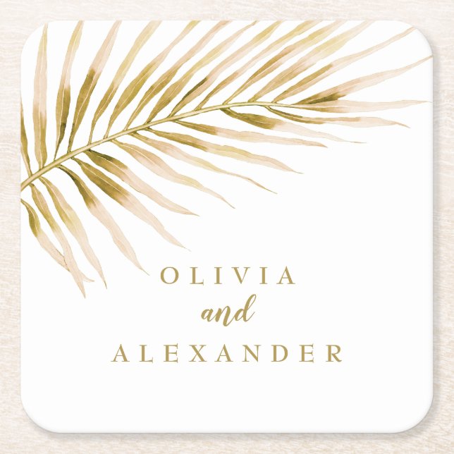 Tropical Gold Palm wedding Square Paper Coaster (Front)