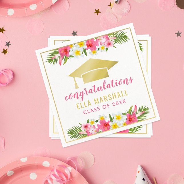 Tropical Gold Pink Floral Congratulations Graduate Napkin (Creator Uploaded)