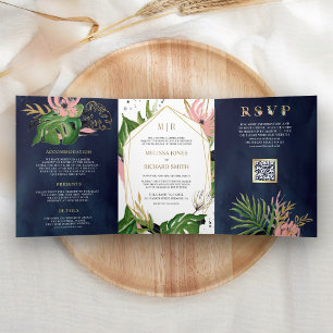 Tropical Gold Pink Floral Navy QR Code Wedding Tri-Fold Invitation