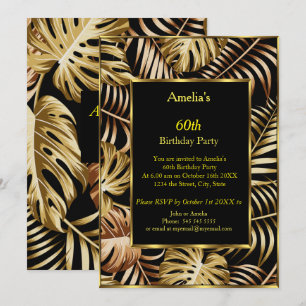 Tropical Gold Plants black birthday party Invitation