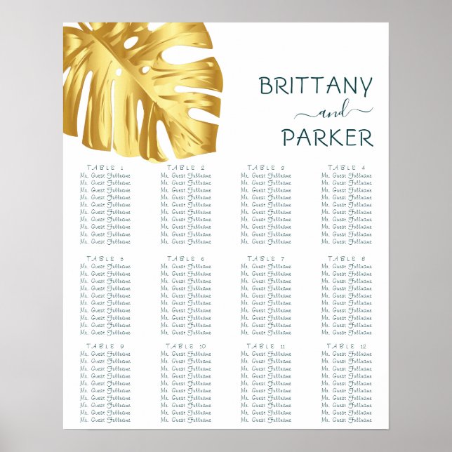 Tropical Gold Wedding Table Seating Poster (Front)
