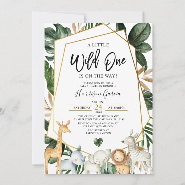 Tropical Gold Wild One Jungle Animals Baby Shower Invitation (Front)