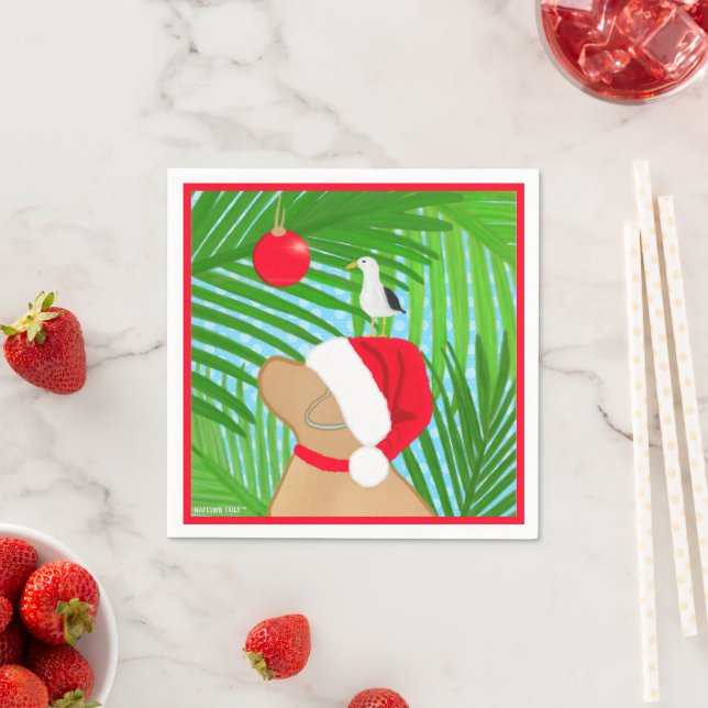 Tropical Golden Dog Santa Seagull Christmas Napkin (Insitu)