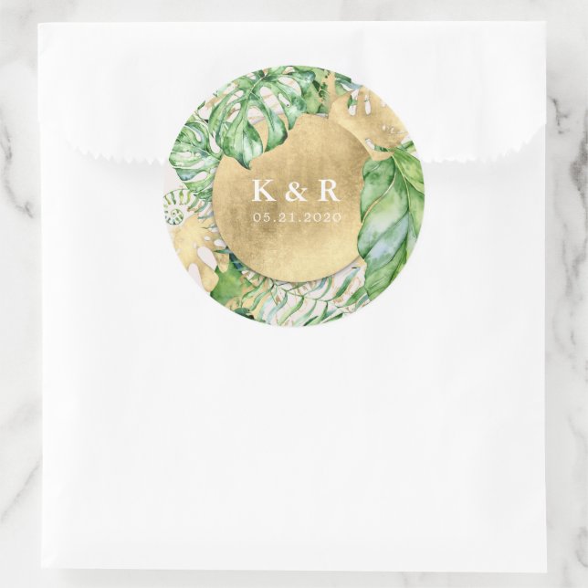 Tropical Golden Foliage Wedding Monogram Classic Round Sticker (Bag)
