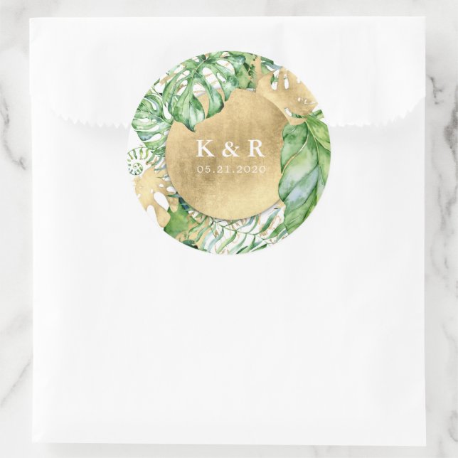 Tropical Golden Foliage Wedding Monogram Classic Round Sticker (Bag)