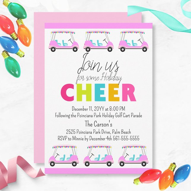 Tropical Golf Cart Parade Holiday Party Invitation (Fun Pink Holiday Golf Cart Parade Party Invitation. Holiday Cheer in tropical style)