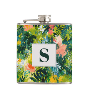 Tropical Green Abstract Botanical Monogrammed Hip Flask
