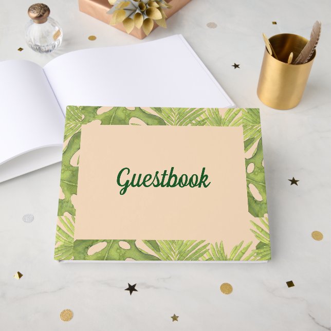 Tropical Green and Blush Wedding Guest Book (Front Open)