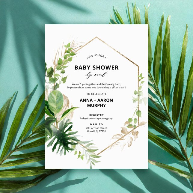 Tropical Green and Gold Frame Baby Shower by Mail  Invitation (Creator Uploaded)