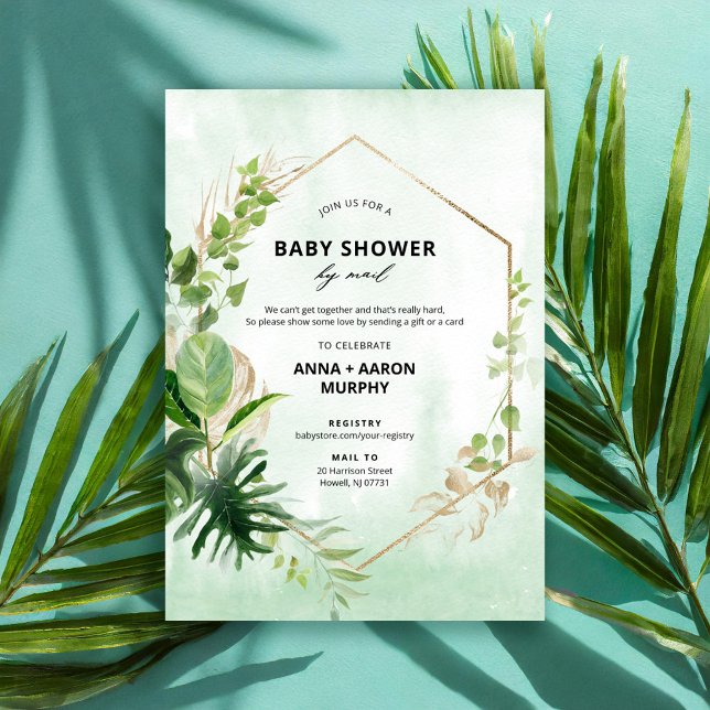 Tropical Green and Gold Frame Baby Shower by Mail  Invitation (Creator Uploaded)