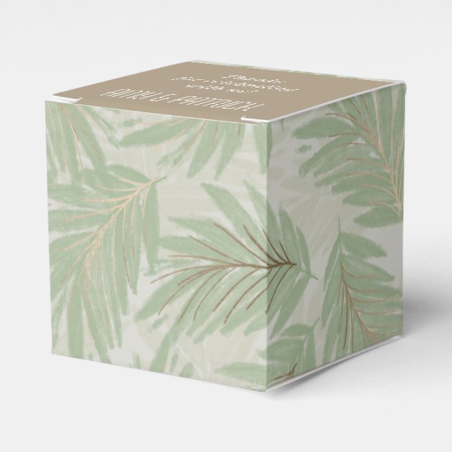 Tropical Green and Gold Leaves on Sage Square Favour Box (Front Side)