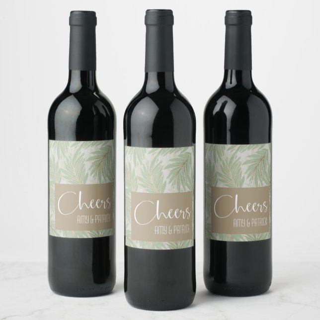 Tropical Green and Gold Leaves on Sage Wine Label (Bottles)