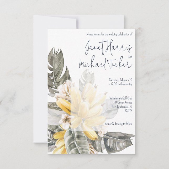 Tropical Green and Yellow Banana Leaves Wedding Invitation (Front)