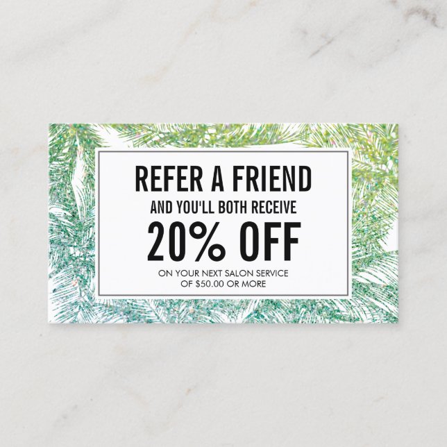 Tropical Green/Aqua Glitter Palms Referral Card (Front)