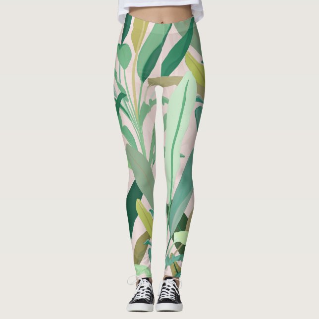 Tropical Green Banana Leaves Pink Pattern Leggings (Front)