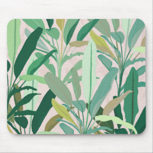 Tropical Green Banana Leaves Pink Pattern Mouse Pad