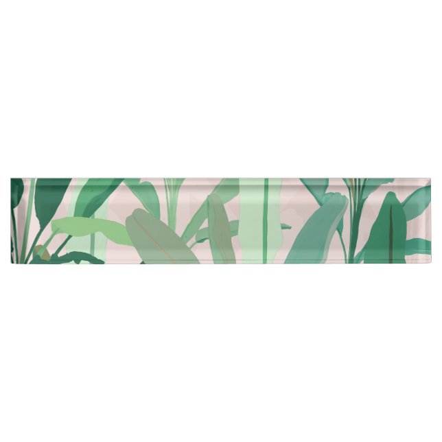 Tropical Green Banana Leaves Pink Pattern Nameplate (Front)