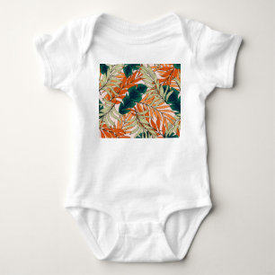 Tropical green beige leaves, seamless pattern. baby bodysuit