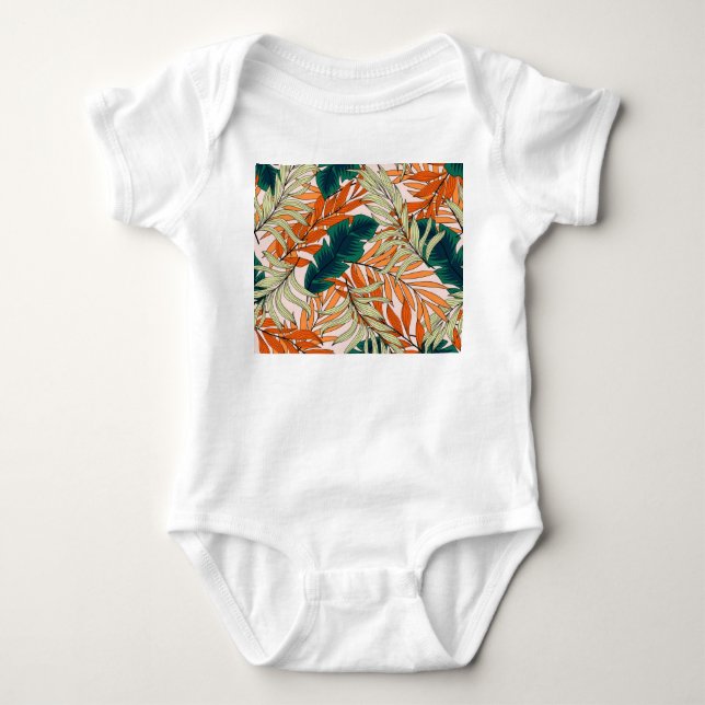 Tropical green beige leaves, seamless pattern. baby bodysuit (Front)