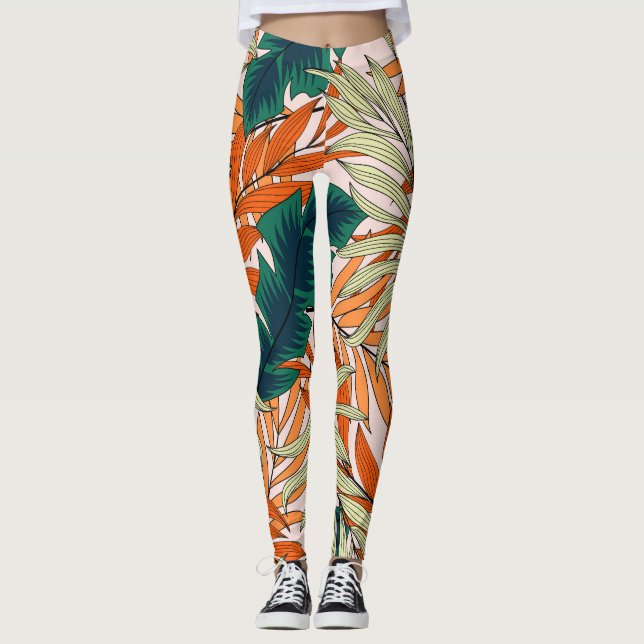 Tropical green beige leaves, seamless pattern. leggings (Front)