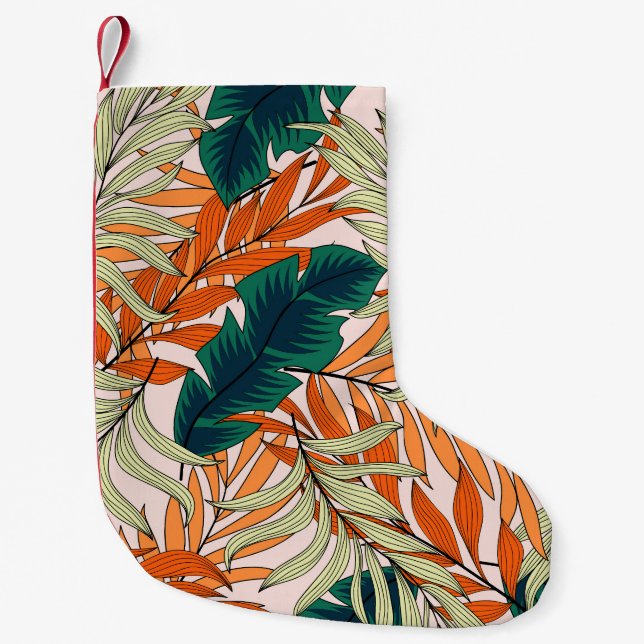 Tropical green beige leaves, seamless pattern. small christmas stocking (Front)