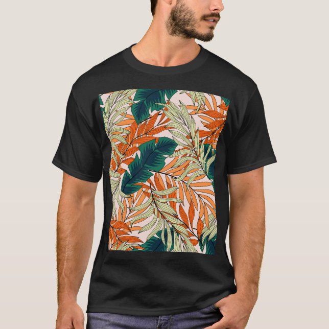 Tropical green beige leaves, seamless pattern. T-Shirt (Front)