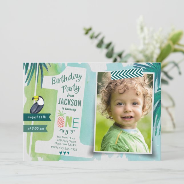 Tropical Green & blue Jungle Watercolour Boy Invitation (Standing Front)
