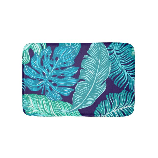 Tropical Green Blue Leaves Pattern Bath Mat (Front)