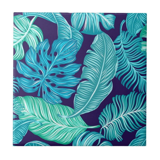 Tropical Green Blue Leaves Pattern Ceramic Tile (Front)