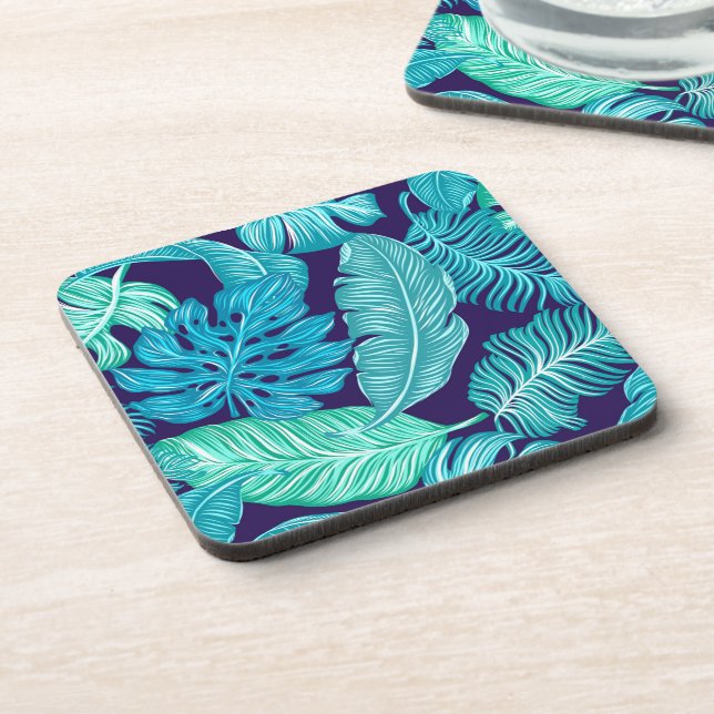 Tropical Green Blue Leaves Pattern Coaster (Left Side)