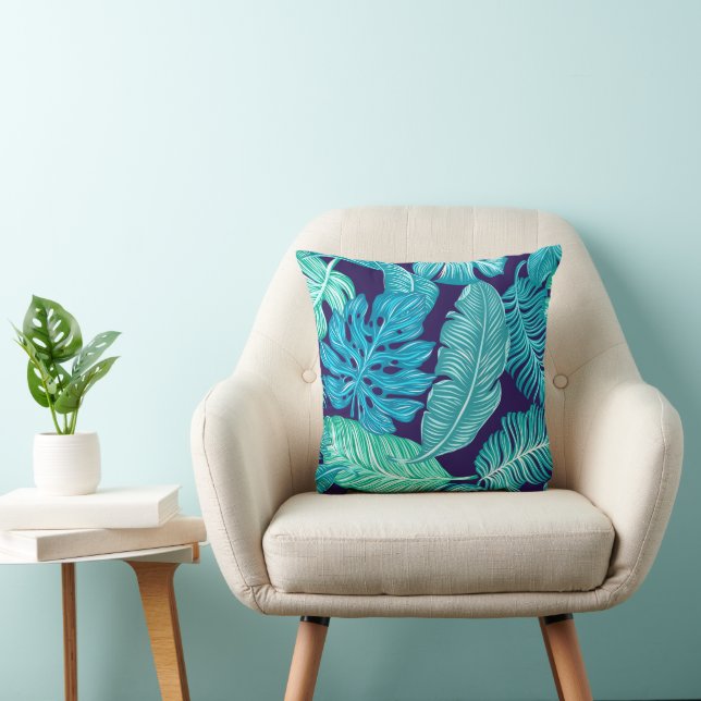 Tropical Green Blue Leaves Pattern Cushion (Chair)