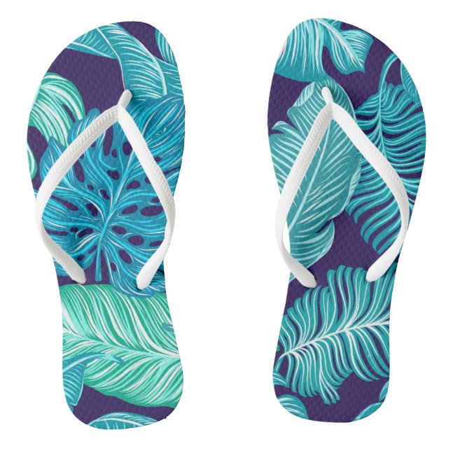 Tropical Green Blue Leaves Pattern Jandals (Footbed)