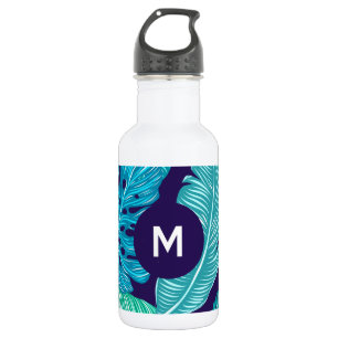 Tropical Green Blue Leaves Pattern Monogram 532 Ml Water Bottle
