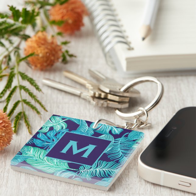 Tropical Green Blue Leaves Pattern Monogram Key Ring (Front Right)