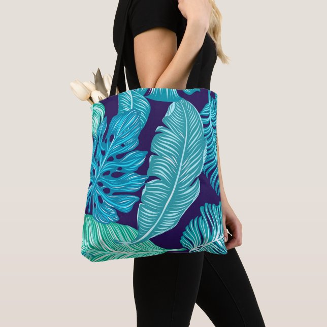Tropical Green Blue Leaves Pattern Tote Bag (Close Up)