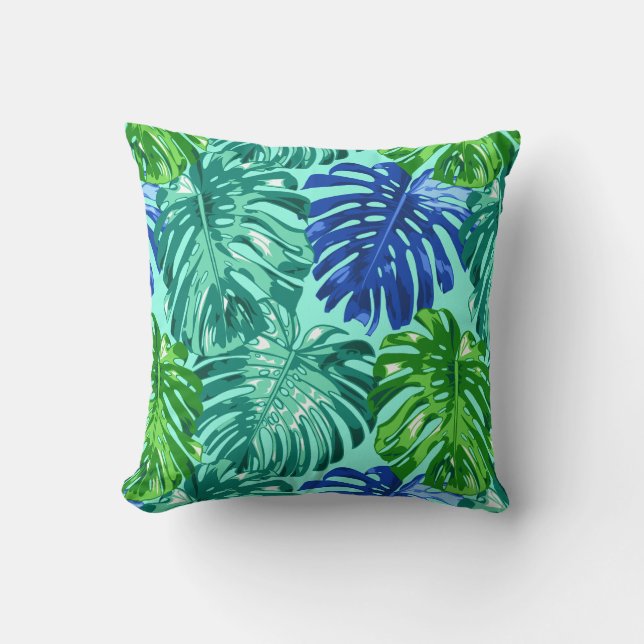 Tropical Green Blue Monstera Palm Leaves Cushion (Front)